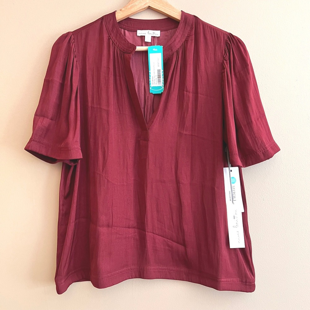 Nine Britton Stitch Fix Santiago Satin Split Neck Blouse Burgundy Office Small